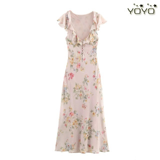 Đầm hoa ngắn tay cổ nhúng bèo(Sẵn XS eo <66)