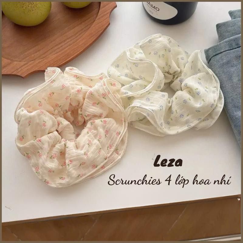LEZA - Dây Buộc Tóc Scrunchies Vải Hoạ Tiết Hoa Phối Ren Bồng Bềnh 4 Lớp Phong Cách Tiểu Thư Nhẹ Nhàng, Nữ Tính