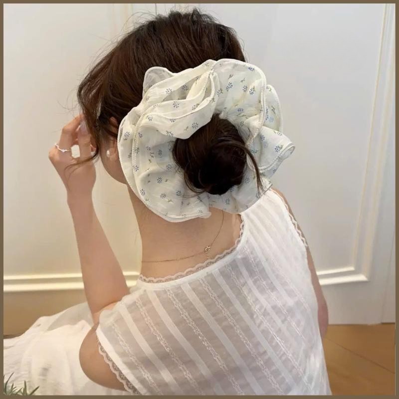 LEZA - Dây Buộc Tóc Scrunchies Vải Hoạ Tiết Hoa Phối Ren Bồng Bềnh 4 Lớp Phong Cách Tiểu Thư Nhẹ Nhàng, Nữ Tính