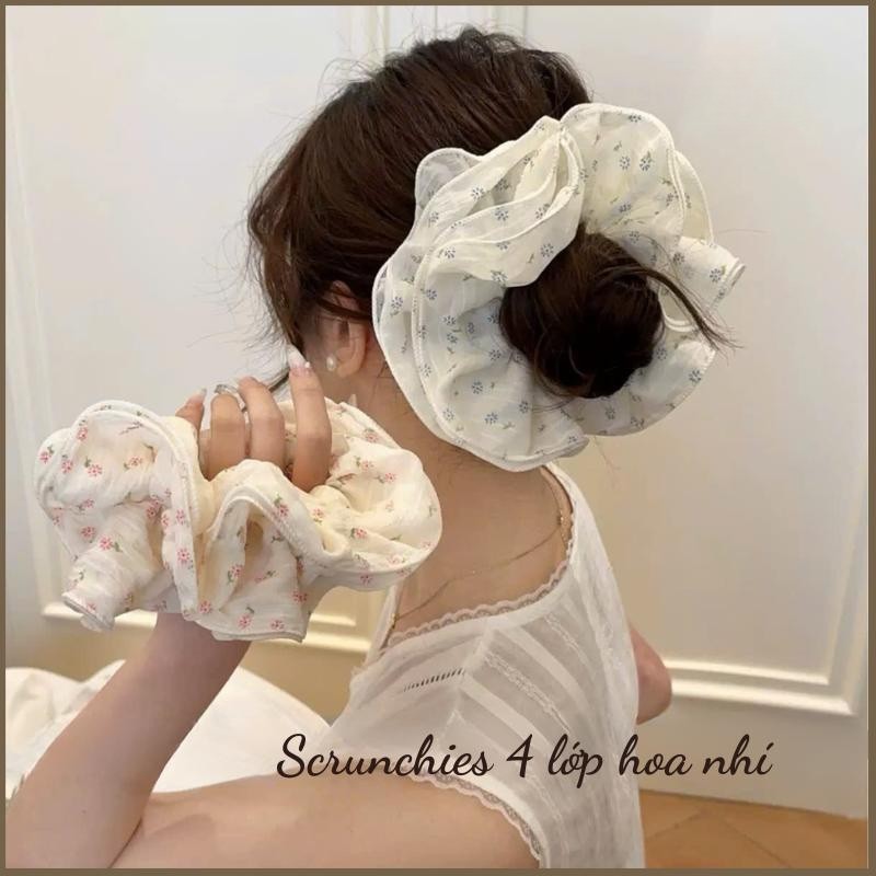 LEZA - Dây Buộc Tóc Scrunchies Vải Hoạ Tiết Hoa Phối Ren Bồng Bềnh 4 Lớp Phong Cách Tiểu Thư Nhẹ Nhàng, Nữ Tính