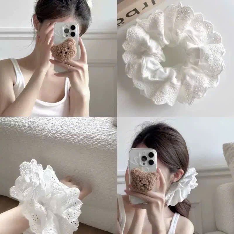 LEZA - Dây Buộc Tóc Scrunchies Vải Hoạ Tiết Hoa Phối Ren Bồng Bềnh 4 Lớp Phong Cách Tiểu Thư Nhẹ Nhàng, Nữ Tính