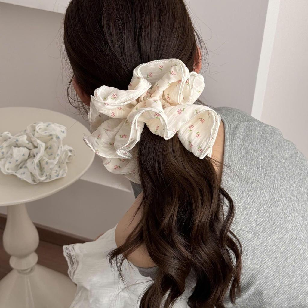LEZA - Dây Buộc Tóc Scrunchies Vải Hoạ Tiết Hoa Phối Ren Bồng Bềnh 4 Lớp Phong Cách Tiểu Thư Nhẹ Nhàng, Nữ Tính