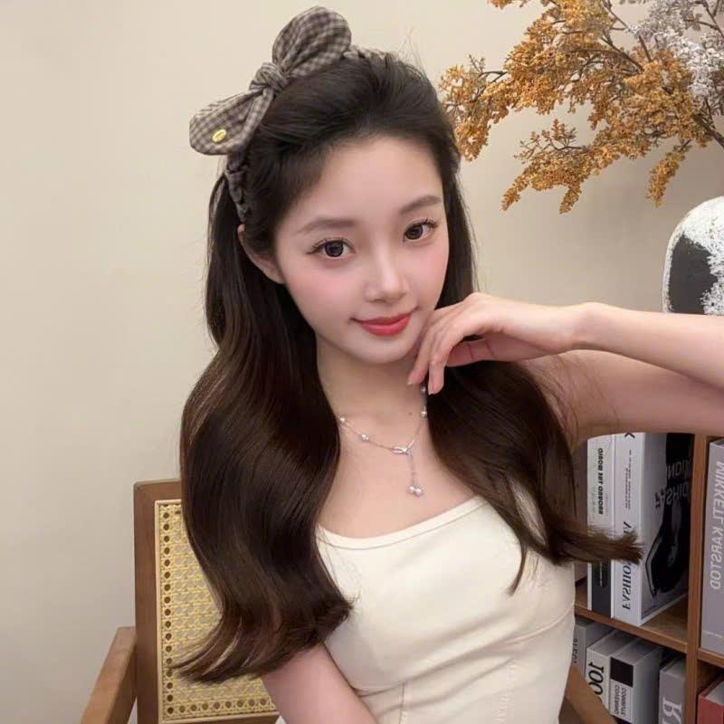 LEZA - Bờm làm phồng chân tóc Nơ Kẻ Caro Trẻ Trung nhẹ đầu không bị đau phong cách Hàn Quốc