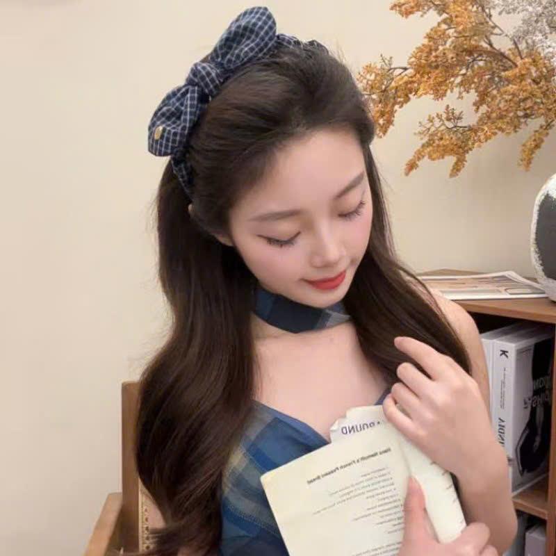 LEZA - Bờm làm phồng chân tóc Nơ Kẻ Caro Trẻ Trung nhẹ đầu không bị đau phong cách Hàn Quốc