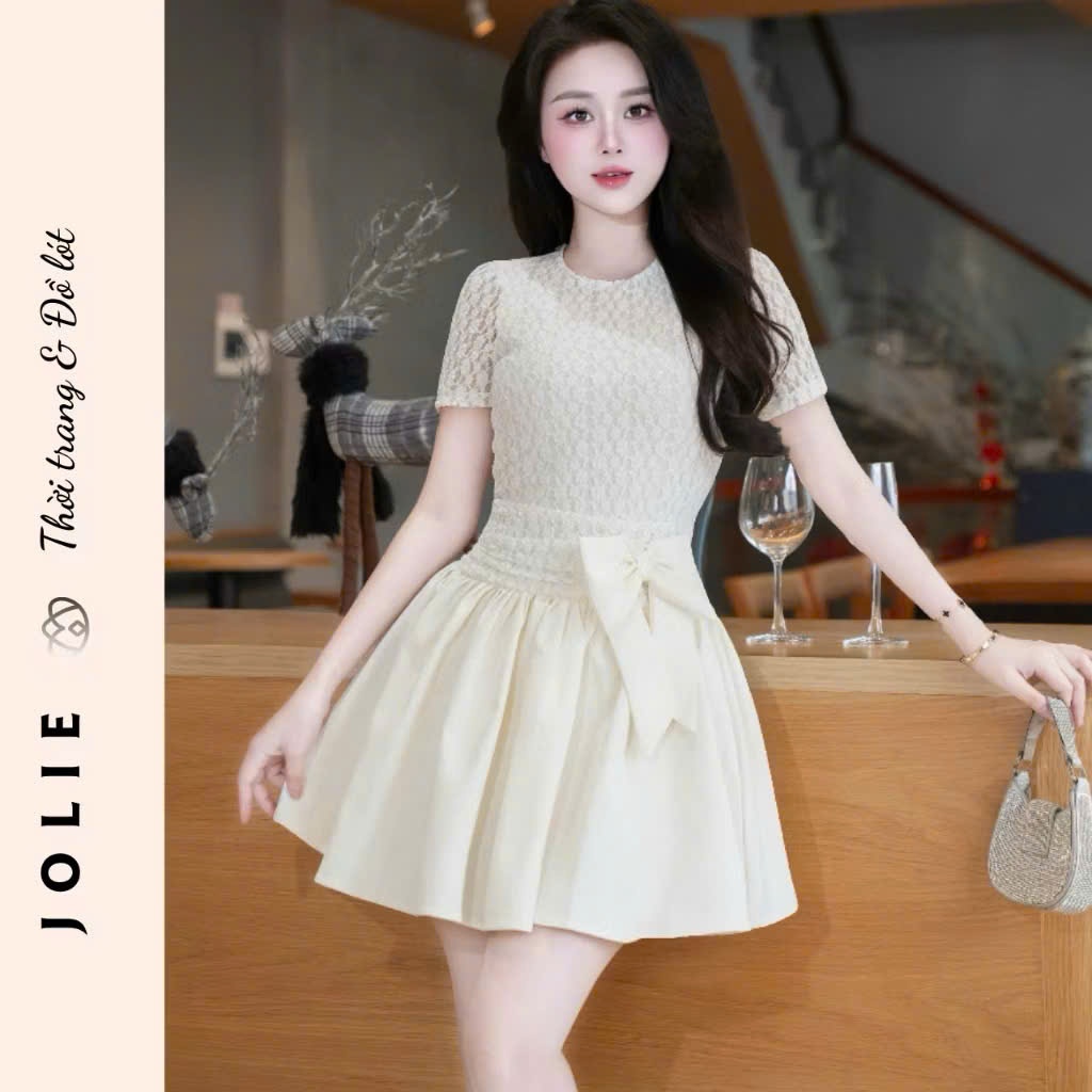 Váy Đầm Dự Tiệc JOLIE - Đầm Xoè Phối Ren Cao Cấp Đính Nơ Eo Xinh Xắn, Phong Cách Tiểu Thư Thanh Lịch
