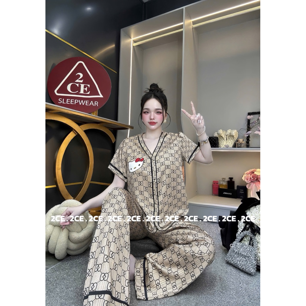 40-58kg bộ pijama cổ V lụa mịn Hàn Châu mềm mát
