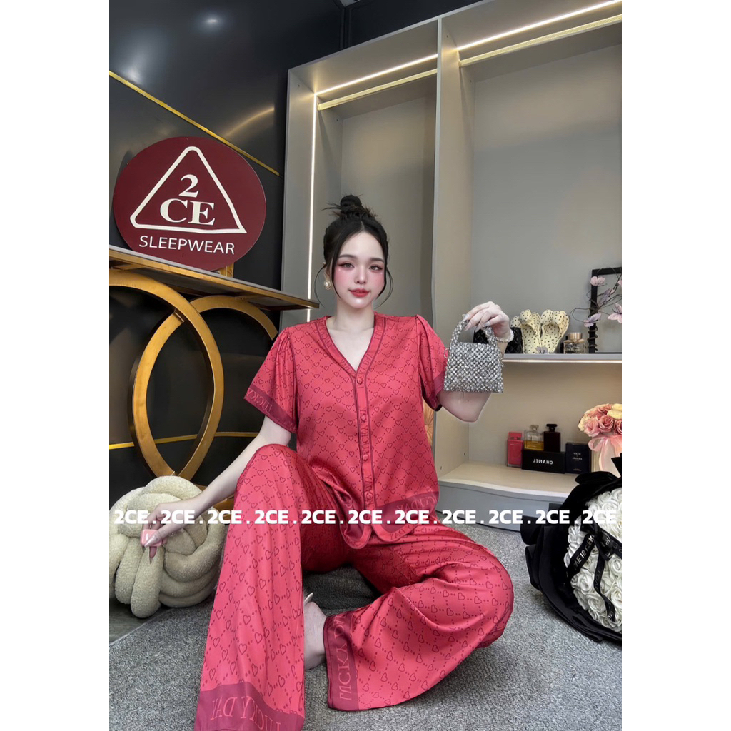40-58kg bộ pijama cổ V lụa mịn Hàn Châu mềm mát