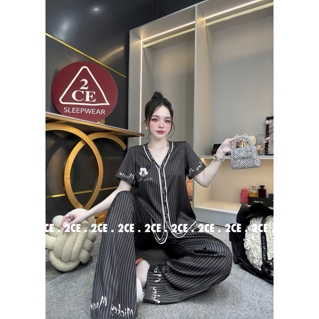 40-58kg bộ pijama cổ V lụa mịn Hàn Châu mềm mát