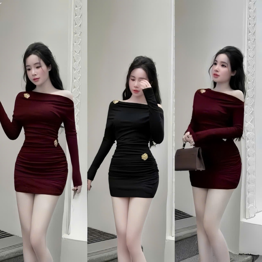Đầm tay dài lệch vai kèm tag , chất thun Ladong thiết kế trẻ trung thời trang