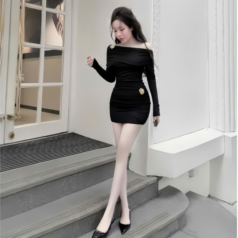 Đầm tay dài lệch vai kèm tag , chất thun Ladong thiết kế trẻ trung thời trang