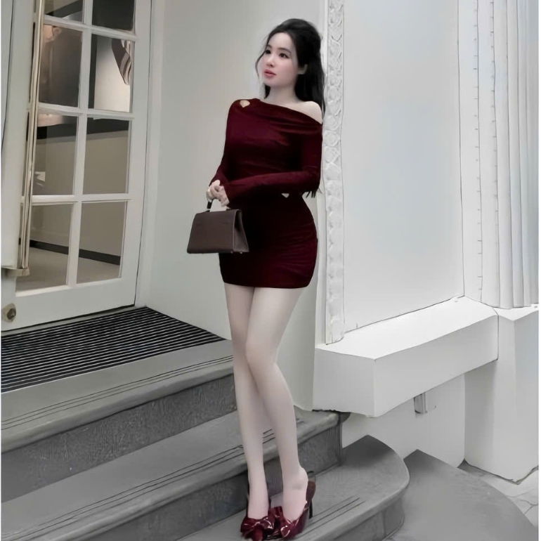 Đầm tay dài lệch vai kèm tag , chất thun Ladong thiết kế trẻ trung thời trang
