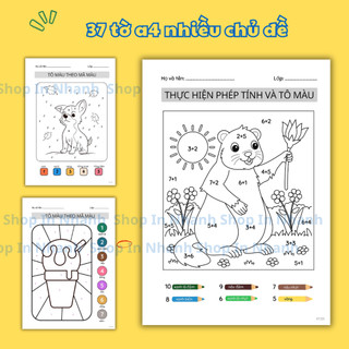 Set 37 tờ a4 cho bé tập tô màu tư duy, tô màu theo phép tính rèn luyện khả năng tính toán và nghệ thuật