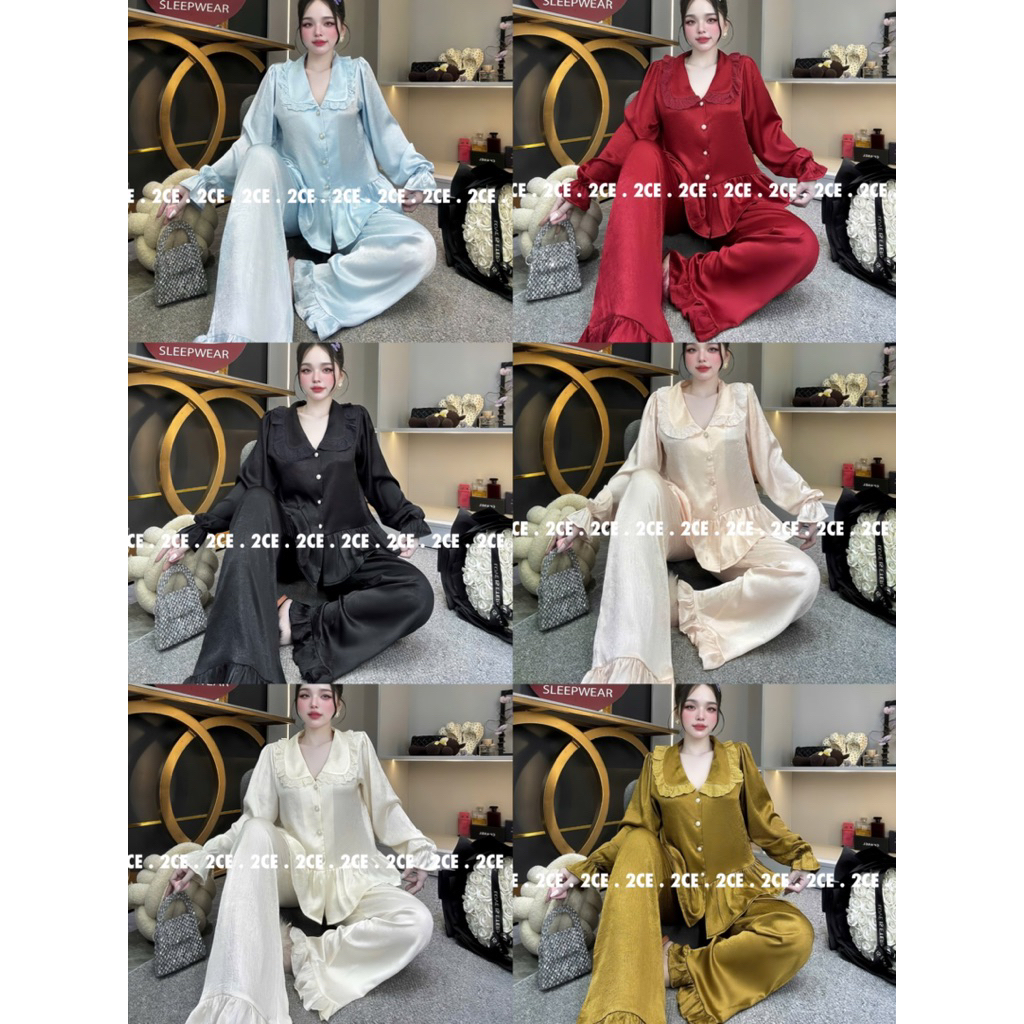 40-65kg bộ đồ tay dài lụa kim cương - set ngủ mặc nhà tiểu thư pijama mềm mịn mát