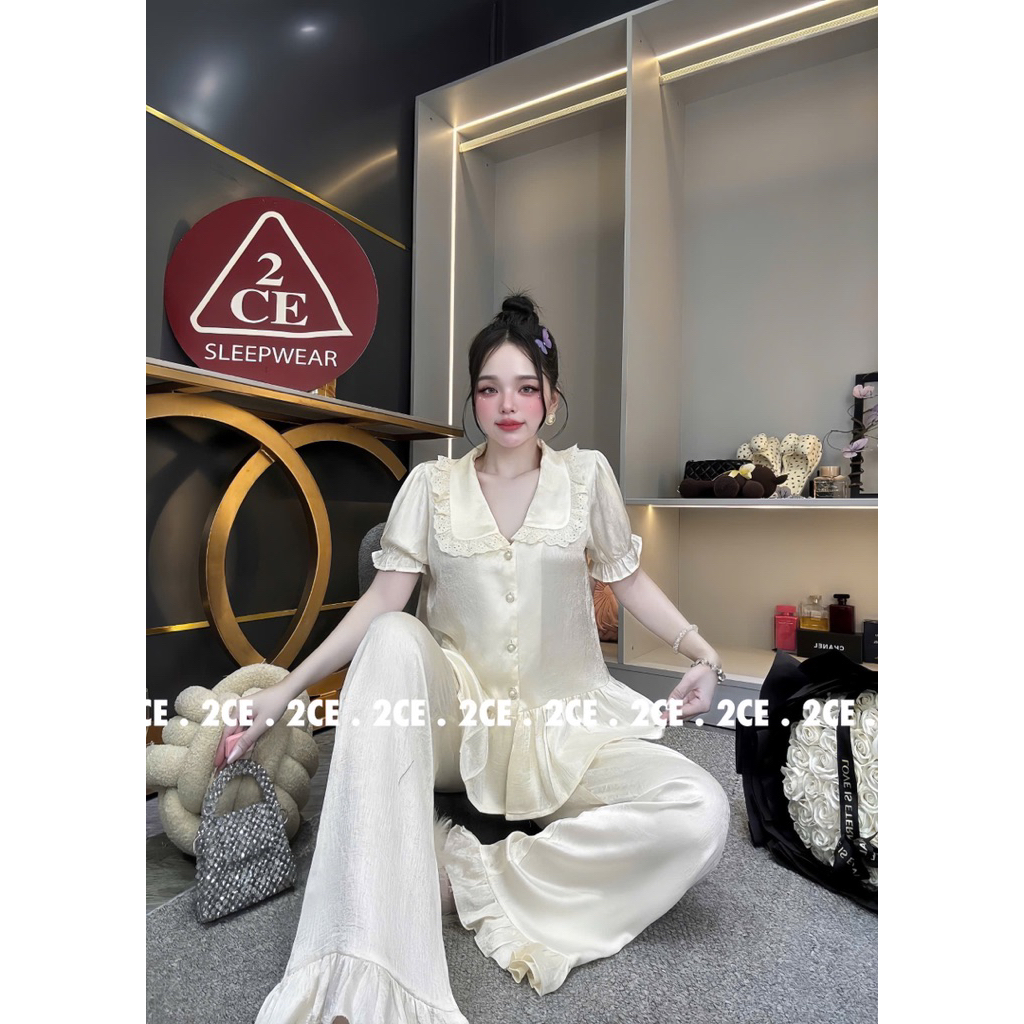 40-65kg bộ đồ tay dài lụa kim cương - set ngủ mặc nhà tiểu thư pijama mềm mịn mát