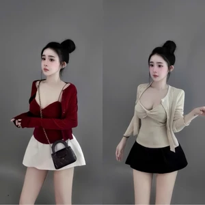 Sét áo thun tăm 2 dây kèm khoác phối chân váy kate thiết kế trẻ trung thời trang