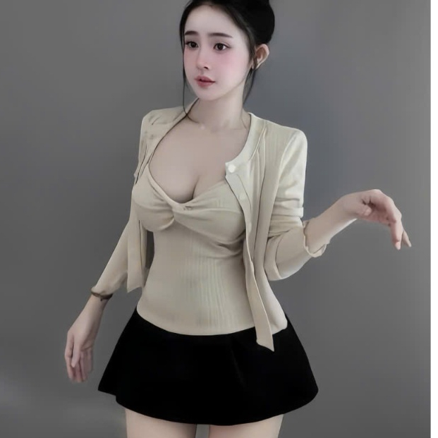 Sét áo thun tăm 2 dây kèm khoác phối chân váy kate thiết kế trẻ trung thời trang