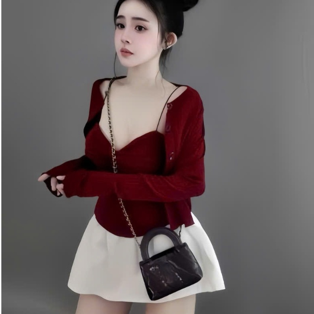 Sét áo thun tăm 2 dây kèm khoác phối chân váy kate thiết kế trẻ trung thời trang