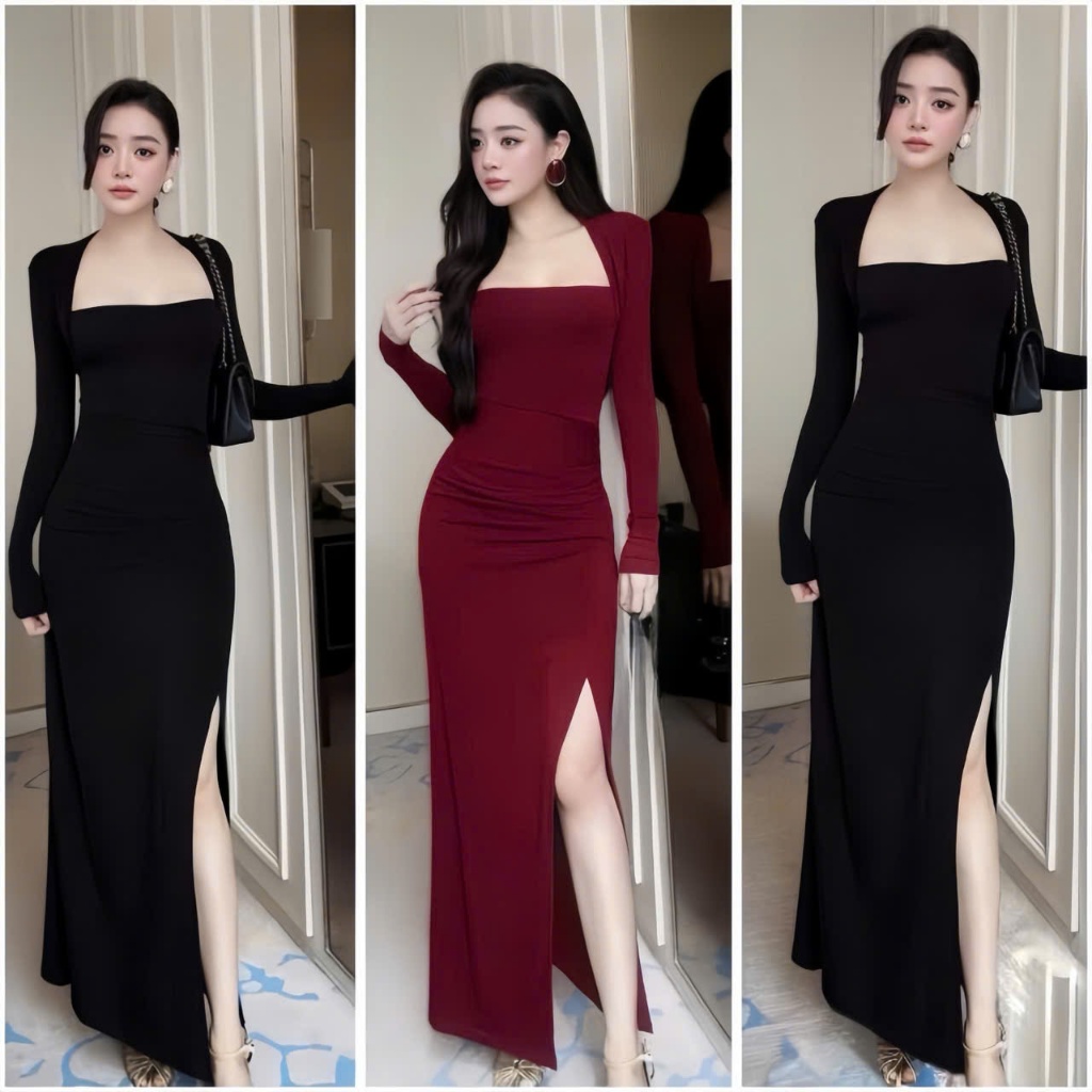 Đầm tay dài cổ vuông dáng dài xẻ tà , chất thun Ladong thiết kế trẻ trung thời trang