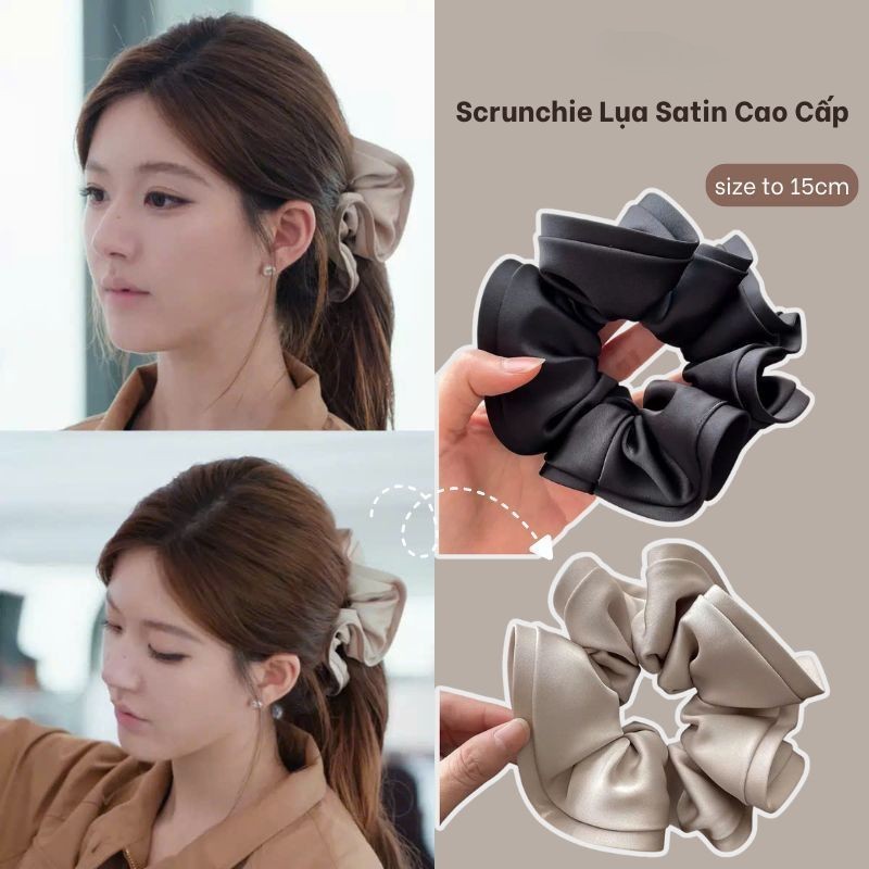 LEZA- Dây Buộc Scrunchies Lụa Satin Cao Cấp 14cm -18cm. Dây Buộc Tóc Phong Cách Pháp Sang Trọng Hàng đẹp 14-18cm