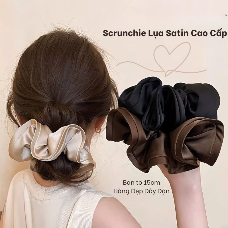 LEZA- Dây Buộc Scrunchies Lụa Satin Cao Cấp 14cm -18cm. Dây Buộc Tóc Phong Cách Pháp Sang Trọng Hàng đẹp 14-18cm