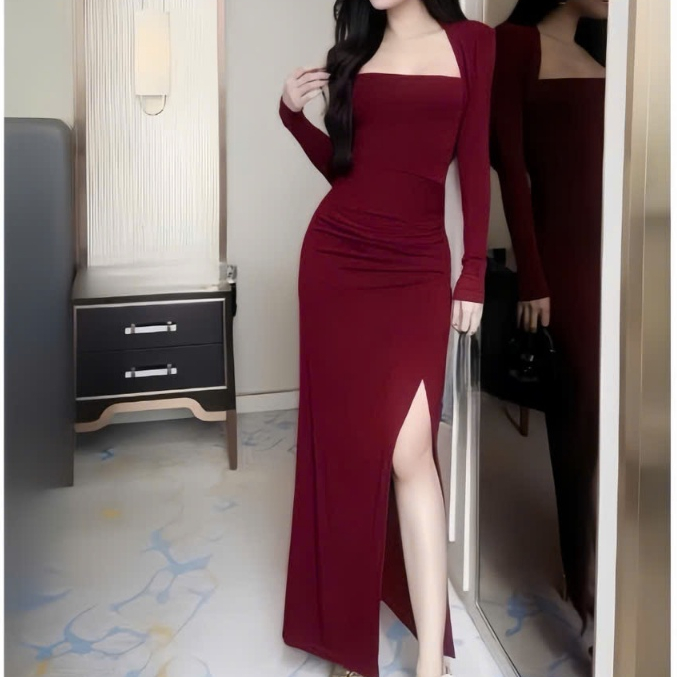 Đầm tay dài cổ vuông dáng dài xẻ tà , chất thun Ladong thiết kế trẻ trung thời trang