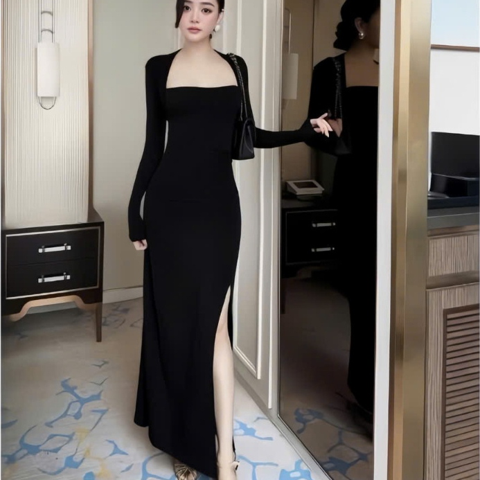 Đầm tay dài cổ vuông dáng dài xẻ tà , chất thun Ladong thiết kế trẻ trung thời trang