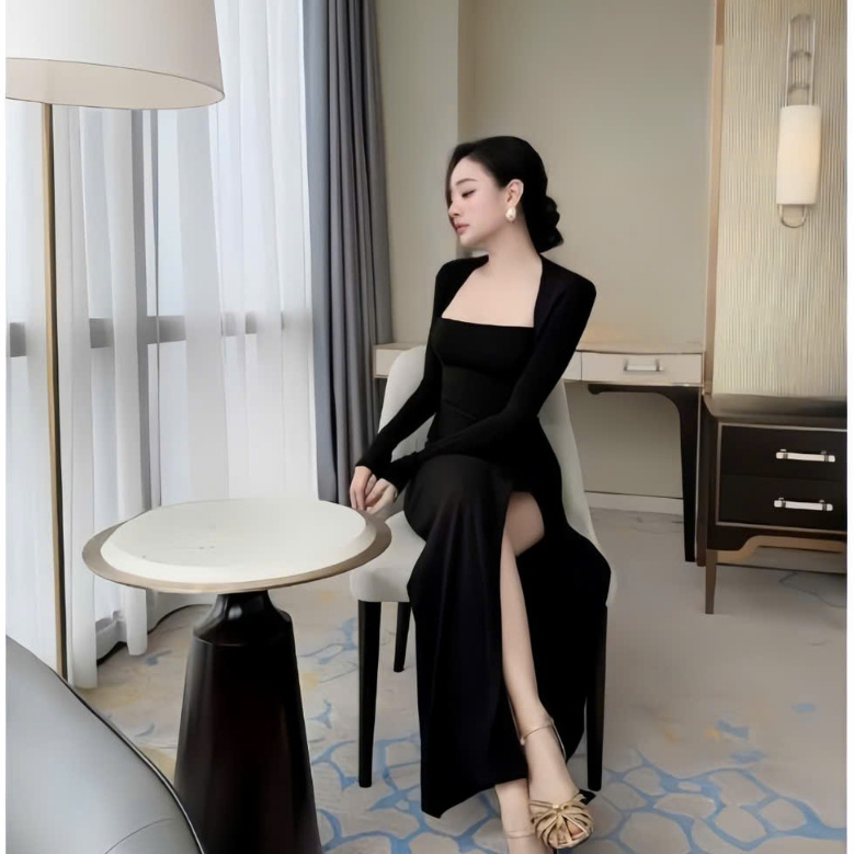 Đầm tay dài cổ vuông dáng dài xẻ tà , chất thun Ladong thiết kế trẻ trung thời trang
