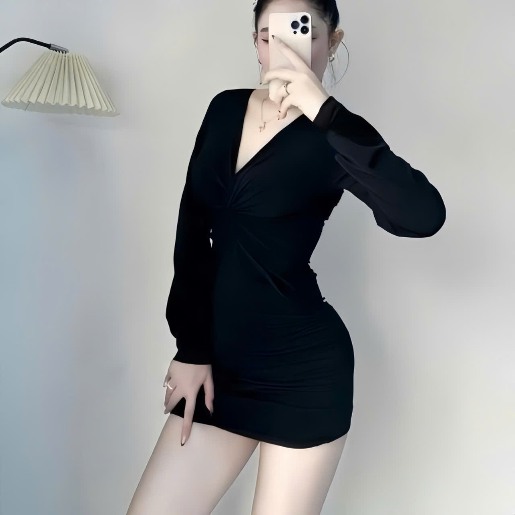 Đầm cổ V tay dài xoắn ở trước , chất thun Ladong thiết kế trẻ trung thời trang