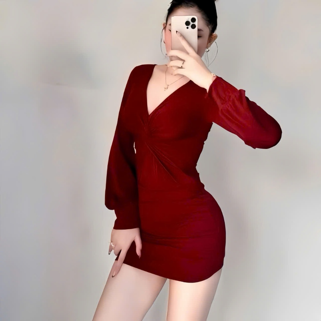 Đầm cổ V tay dài xoắn ở trước , chất thun Ladong thiết kế trẻ trung thời trang