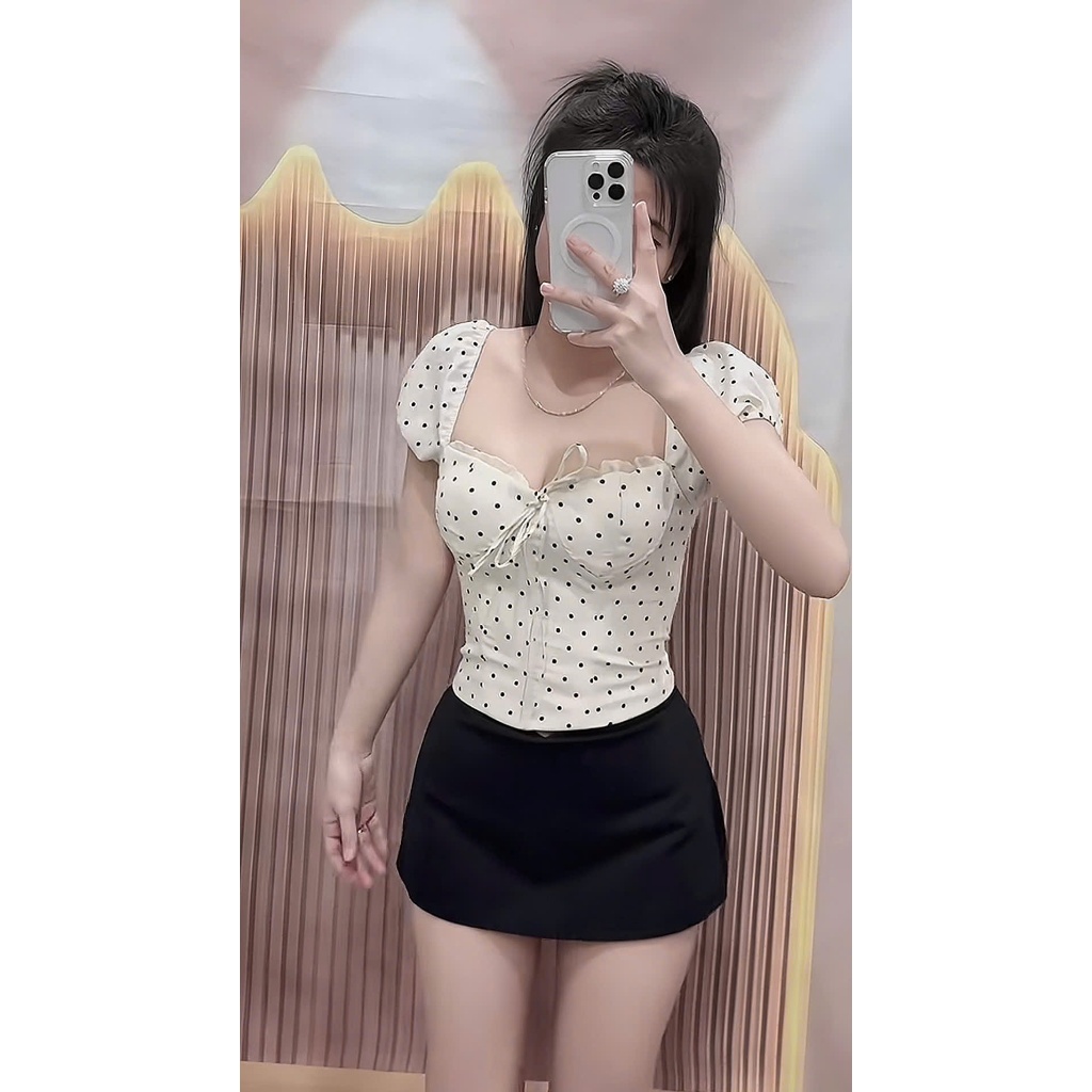 Áo Tay Bồng Phối Ren Chất Liệu Linen Mềm Cổ Phối Ren Có Mút Ngực Cano Clothing