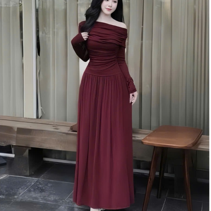 Đầm tay dài lệch vai nhúng eo,dáng dài  , chất thun tăm thiết kế trẻ trung thời trang