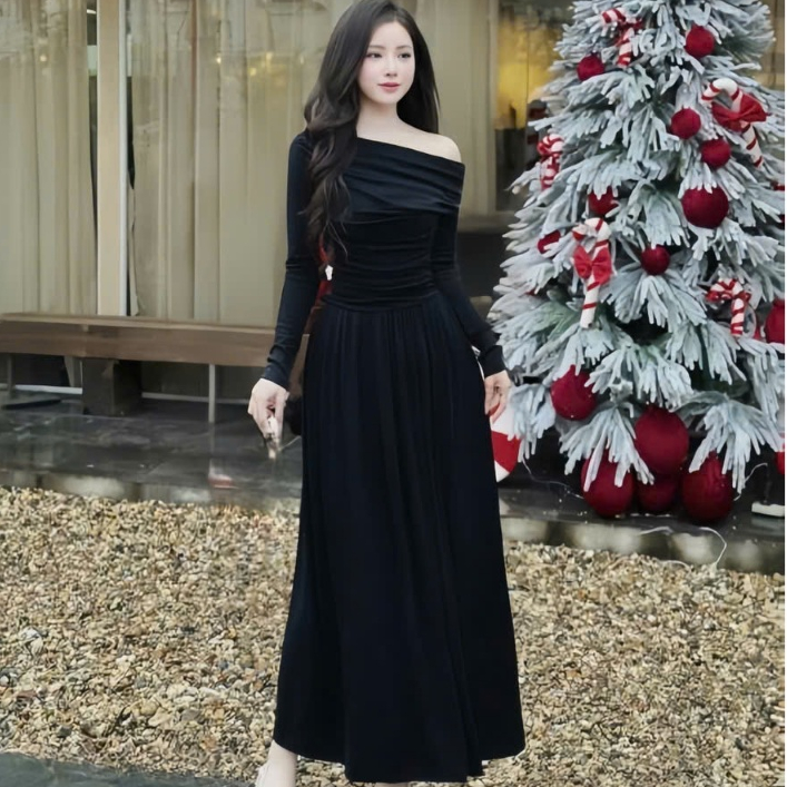 Đầm tay dài lệch vai nhúng eo,dáng dài  , chất thun tăm thiết kế trẻ trung thời trang
