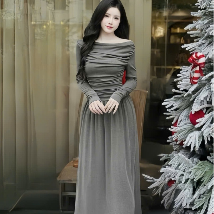 Đầm tay dài lệch vai nhúng eo,dáng dài  , chất thun tăm thiết kế trẻ trung thời trang