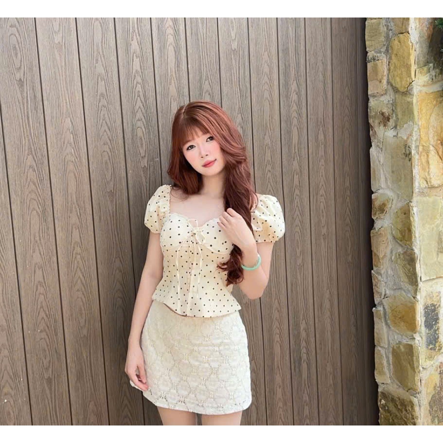 Áo Tay Bồng Phối Ren Chất Liệu Linen Mềm Cổ Phối Ren Có Mút Ngực Cano Clothing