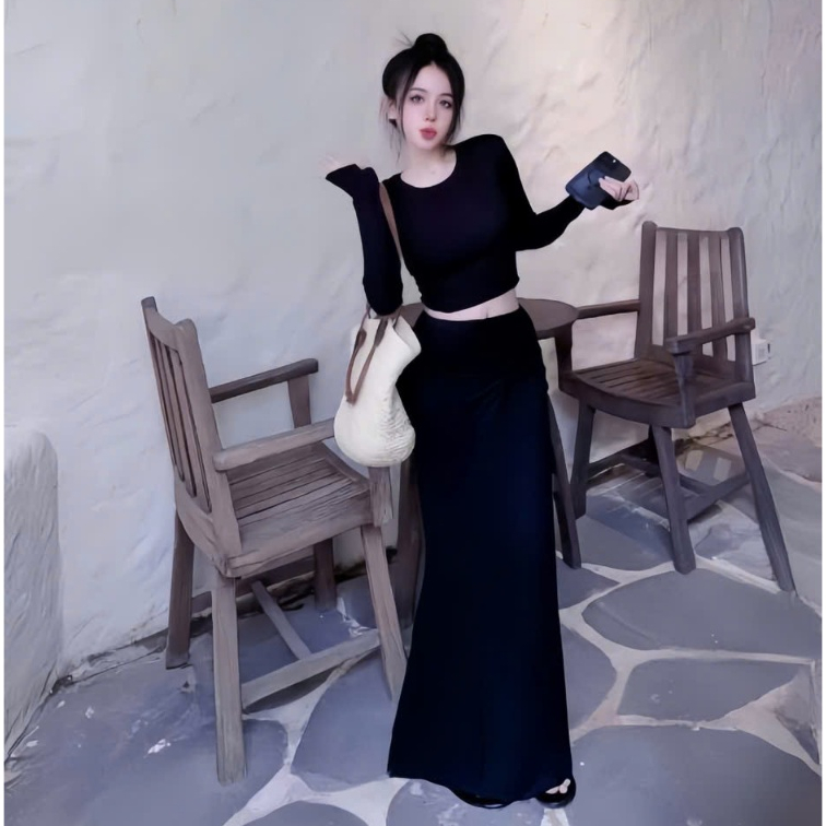 Sét áo thun tay dài ,chân váy dáng dài xoắn eo ,chất thun gân thời trang trẻ trung