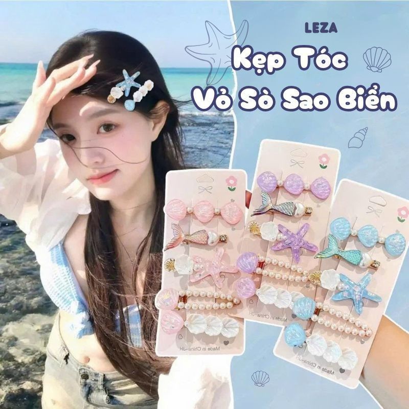 LEZA - Set 5 Kẹp Mỏ Vịt Đại Dương. Kẹp Sao Biển, Kẹp Vỏ Sò Tráng Gương, Kẹp Ngọc Trai Dùng Đi Biển, Đi Chơi Sang Chảnh