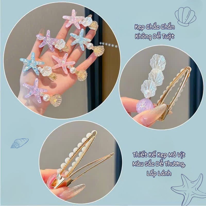 LEZA - Set 5 Kẹp Mỏ Vịt Đại Dương. Kẹp Sao Biển, Kẹp Vỏ Sò Tráng Gương, Kẹp Ngọc Trai Dùng Đi Biển, Đi Chơi Sang Chảnh