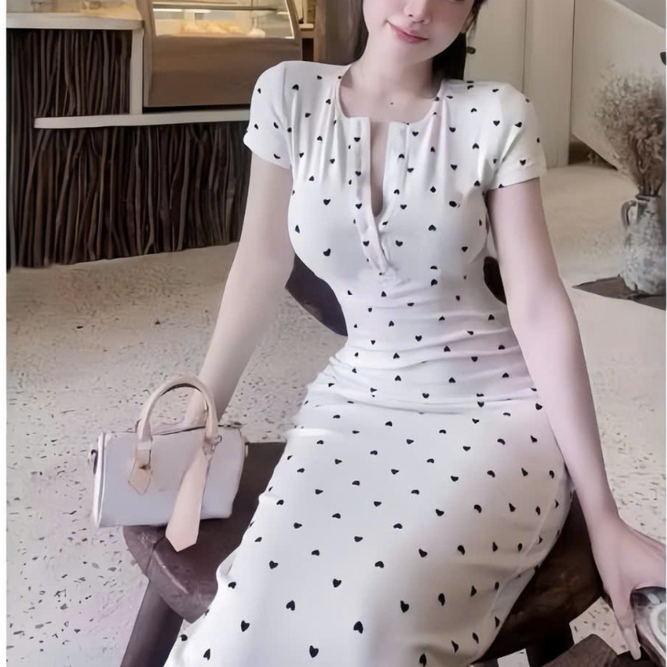 Đầm tay ngắn cổ tròn cài nút , chất thun tăm lạnh in tim thời trang trẻ trung