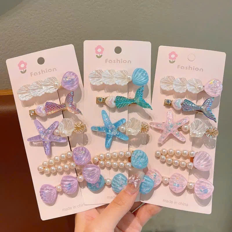 LEZA - Set 5 Kẹp Mỏ Vịt Đại Dương. Kẹp Sao Biển, Kẹp Vỏ Sò Tráng Gương, Kẹp Ngọc Trai Dùng Đi Biển, Đi Chơi Sang Chảnh