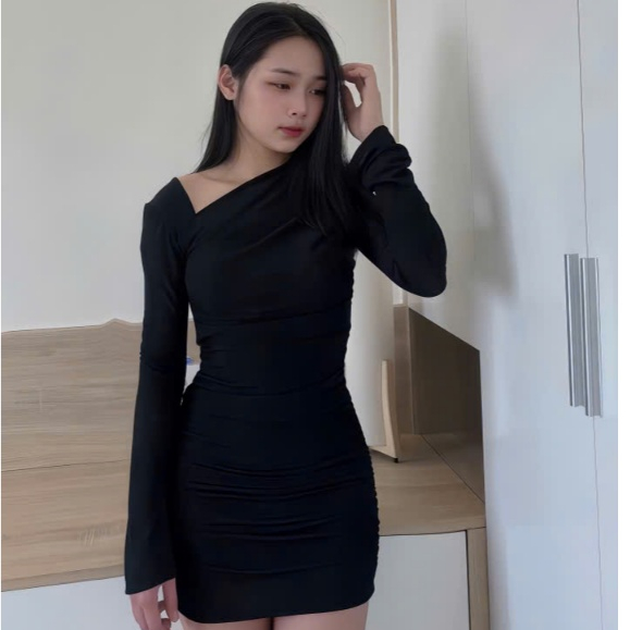 Đầm body lệch vai tay dài , chất thun len thiết kế sang trọng