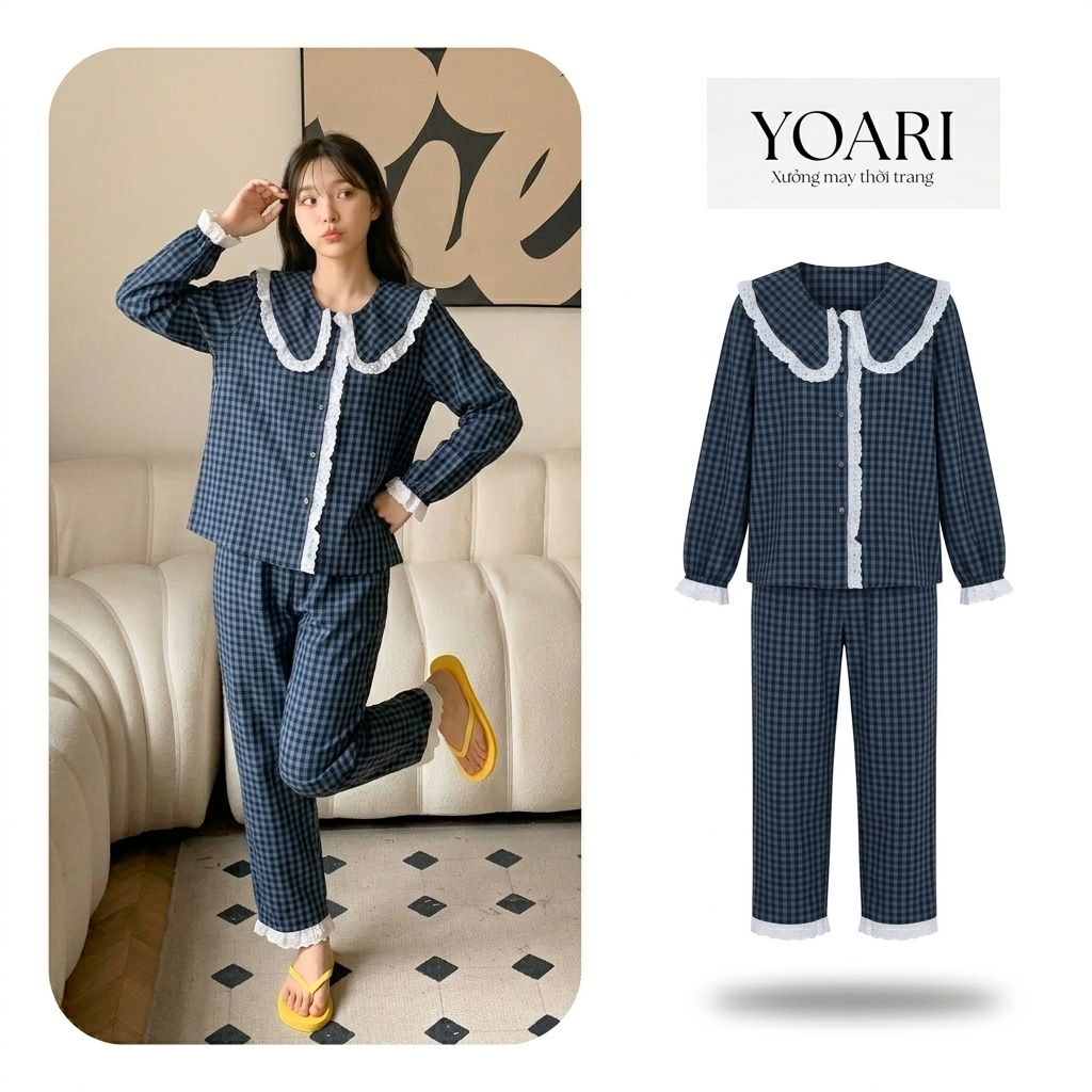 Pyjama YAORI dài tay phối viền bèo hot trend size từ 35-65kg