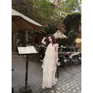 ĐẦM HAI DÂY REN TUA RUA DÁNG MAXI NỮ, VÁY HAI DÂY HỞ LƯNG ĐI BIỂN
