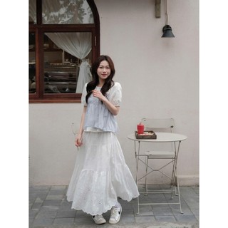 Chân váy Midi  Dáng Dài 2 Lớp Cạp Chun Chất Vải Thô Boi Thêu Hoa Mặc Đi Chơi V002 Cakecat