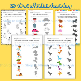 Set 29 tờ a4 trò chơi nối hình tìm bóng cho bé phát triển tư duy