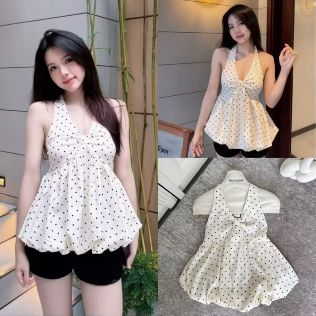 (CÓ ĐỆM) ÁO CỔ YẾM XOẮN NGỰC DÁNG PELUM BÍ PHỒNG CHẤM BI QUYẾN RŨ CHO NỮ m6035