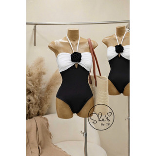 Bikini 1 Mảnh Phối Màu Nơ Lưng Đính Hoa