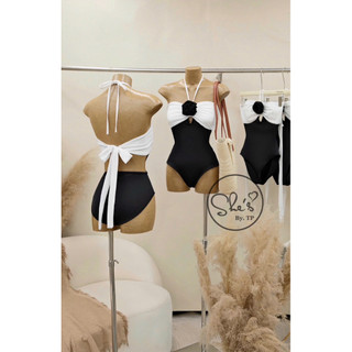 Bikini 1 Mảnh Phối Màu Nơ Lưng Đính Hoa