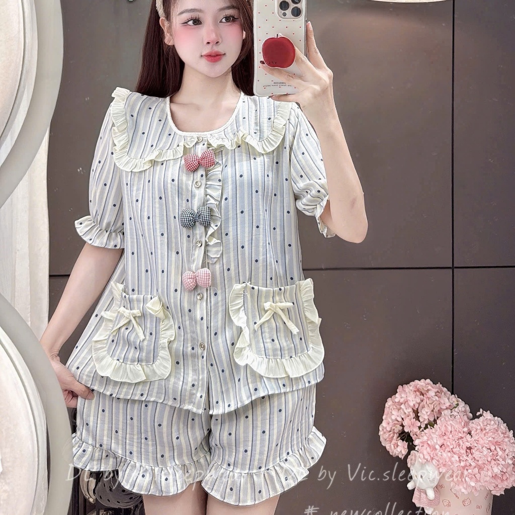[MẪU HÈ] Bộ Đồ Ngủ Nữ JUSOKA Pijama Chất Liệu Đũi Vân Mây Cổ Sen Viền Bèo Đính Nơ Siêu Mềm Mịn DU38