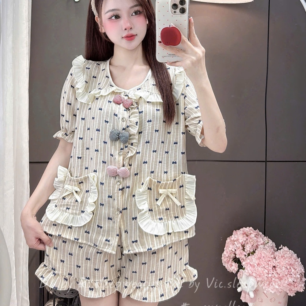 [MẪU HÈ] Bộ Đồ Ngủ Nữ JUSOKA Pijama Chất Liệu Đũi Vân Mây Cổ Sen Viền Bèo Đính Nơ Siêu Mềm Mịn DU38