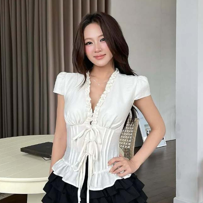 Áo Kiểu Nữ Tay Phồng Cổ V Eo Cột Dây Nơ Phối Bèo Nhún Xinh Xắn Mùa Hè Kimee - KA858